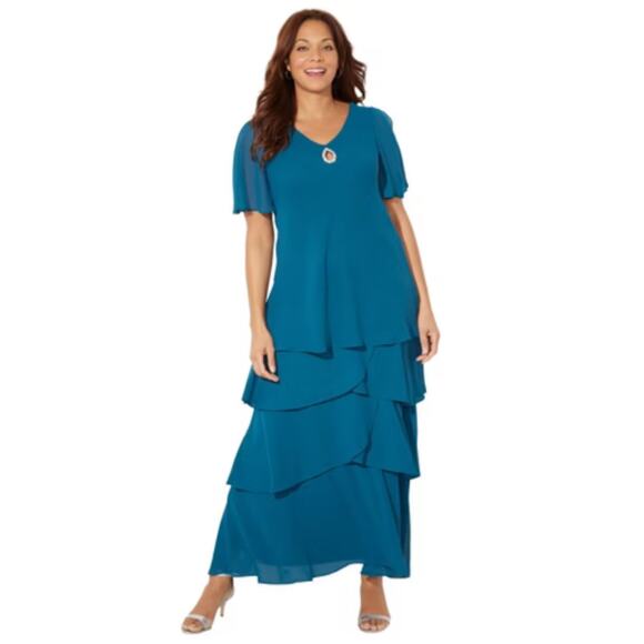 Catherines New Women's Teal Chiffon Tiered Maxi Dress Size 4X - Picture 1 of 16